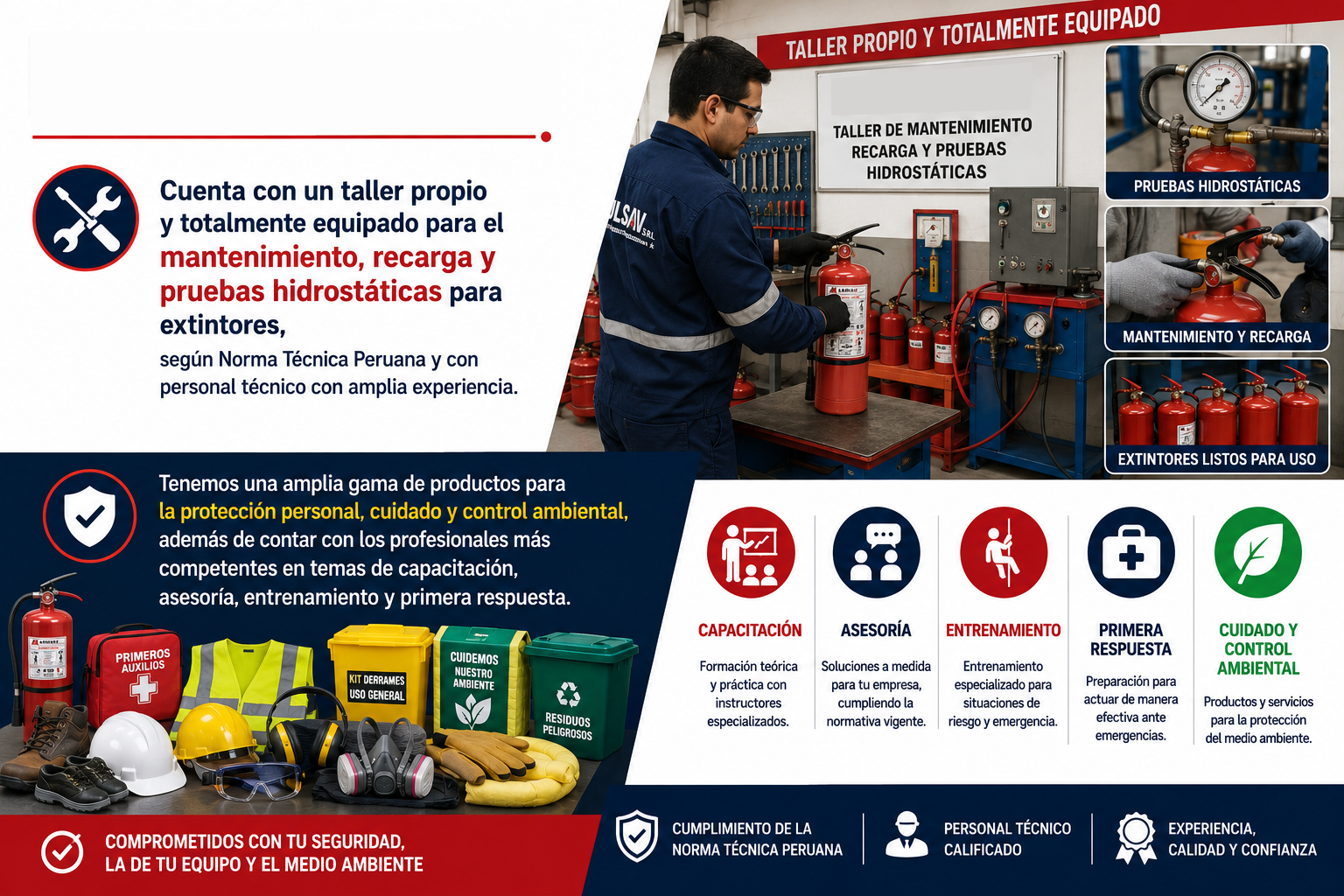MULSAV S.R.L. Cuenta con un taller propio y totalmente equipado para el mantenimiento, recarga y pruebas hidrostáticas para extintores, según Norma Técnica Peruana y con personal técnico con amplia experiencia. Tenemos una amplia gama de productos para la protección personal, cuidado y control ambiental, además de contar con los profesionales más competentes en temas de capacitación, asesoría, entrenamiento y primera respuesta.