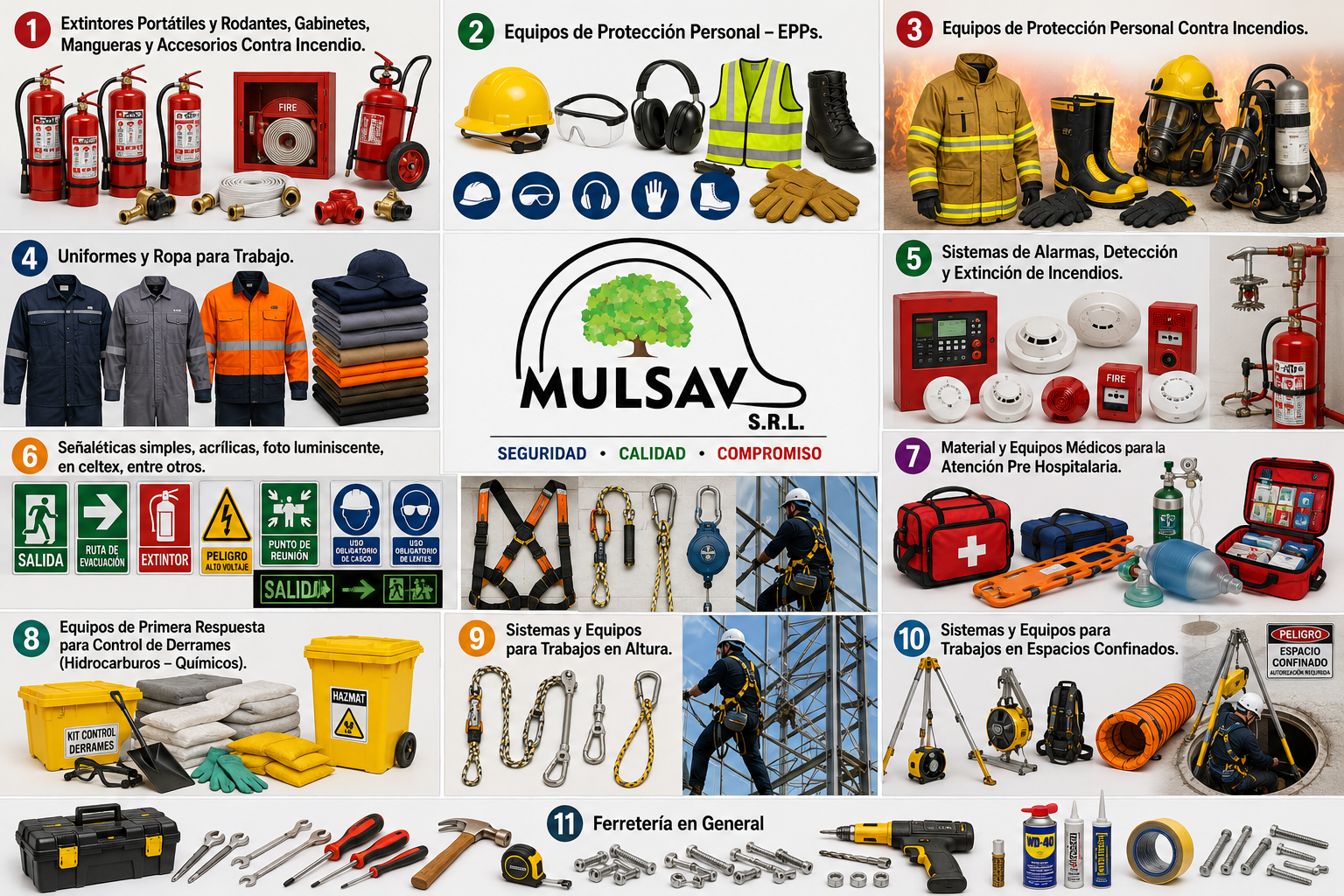 Nuestros PRODUCTOS: • Extintores Portátiles y Rodantes, Gabinetes, Mangueras y Accesorios Contra Incendio. • Equipos de Protección Personal – EPPs. • Equipos de Protección Personal Contra Incendios. • Uniformes y Ropa para Trabajo. • Sistemas de Alarmas, Detección y Extinción de Incendios. • Señaléticas simples, acrílicas, foto luminiscente, en celtex, entre otros. • Material y Equipos Médicos para la Atención Pre Hospitalaria. • Equipos de Primera Respuesta para Control de Derrames (Hidrocarburos – Químicos). • Sistemas y Equipos para Trabajos en Altura. • Sistemas y Equipos para Trabajos en Espacios Confinados. • Ferretería en General Nuestros PRODUCTOS: • Extintores Portátiles y Rodantes, Gabinetes, Mangueras y Accesorios Contra Incendio. • Equipos de Protección Personal – EPPs. • Equipos de Protección Personal Contra Incendios. • Uniformes y Ropa para Trabajo. • Sistemas de Alarmas, Detección y Extinción de Incendios. • Señaléticas simples, acrílicas, foto luminiscente, en celtex, entre otros. • Material y Equipos Médicos para la Atención Pre Hospitalaria. • Equipos de Primera Respuesta para Control de Derrames (Hidrocarburos – Químicos). • Sistemas y Equipos para Trabajos en Altura. • Sistemas y Equipos para Trabajos en Espacios Confinados. • Ferretería en General
